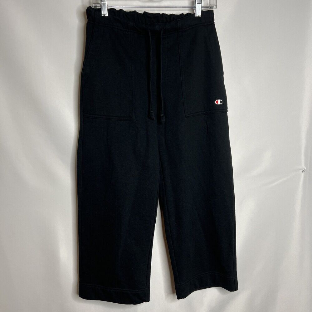 Champion Womens Small Cropped Pants in Black Super Fleece Wide Leg EUC